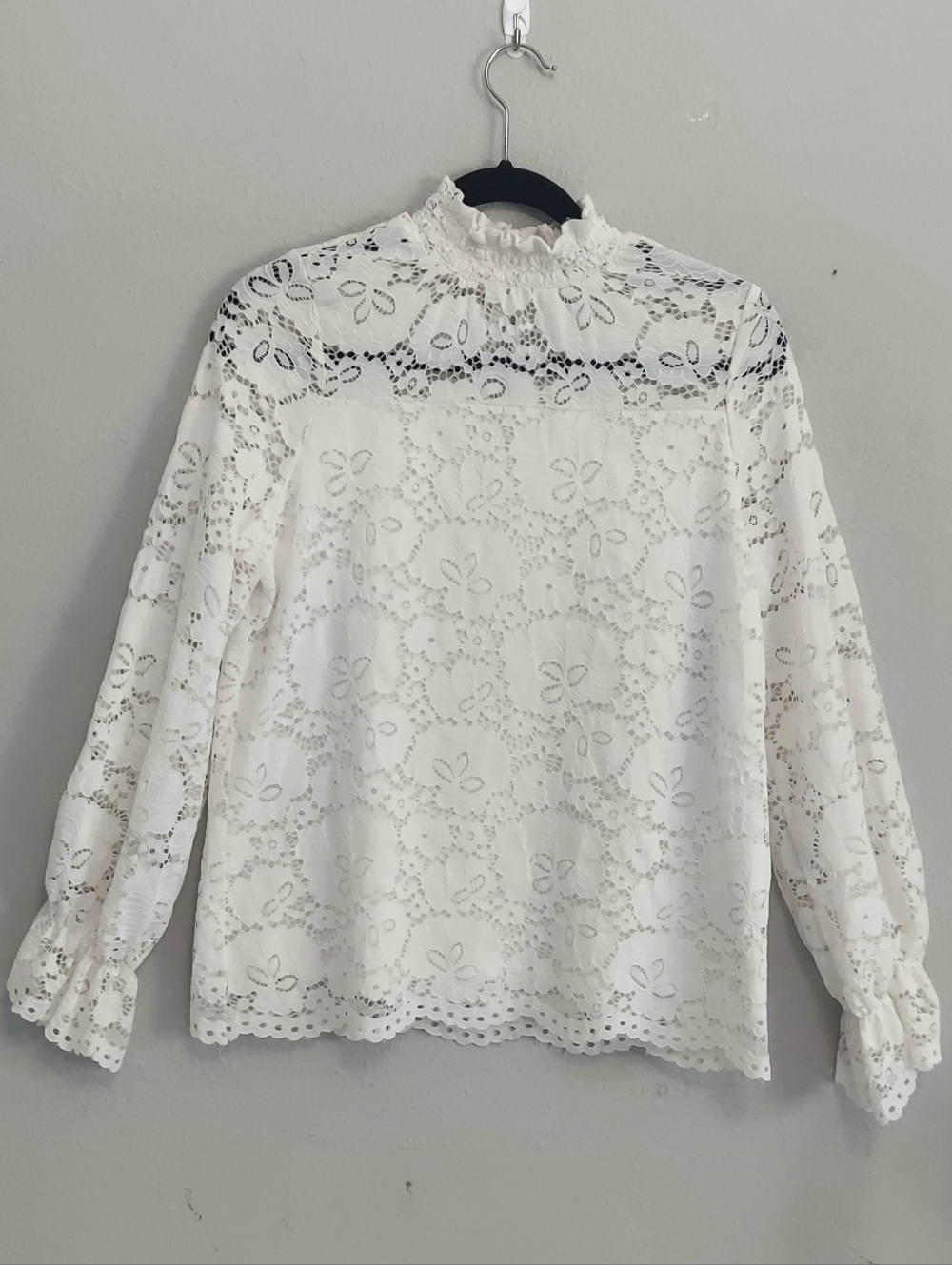 Adrianna Papell White Lace Smock Neck Bell Sleeve Blouse Large